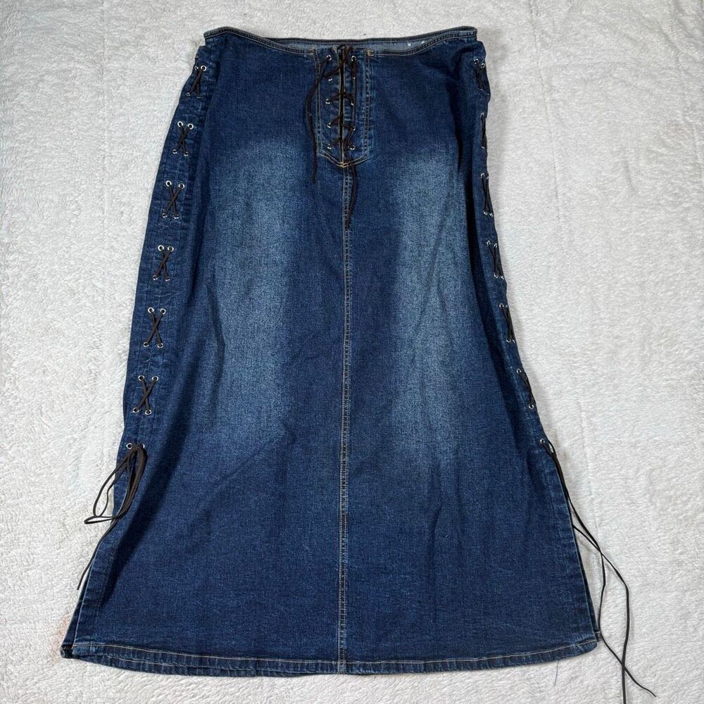 Y2K Lace Up Denim Maxi Skirt Women’s Corset Side Vintage 2000s Jean Skirt